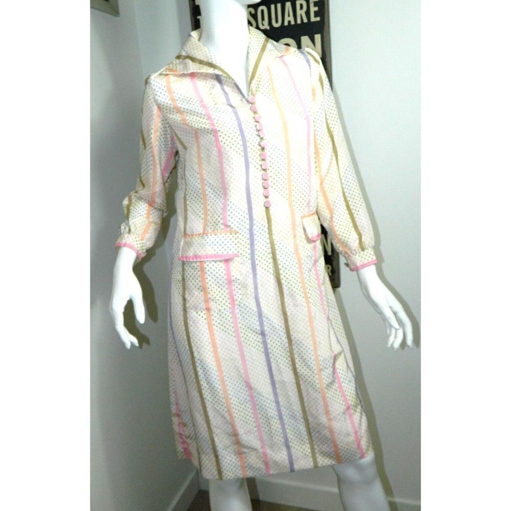Vintage Dress Pastel Ivory Pink Polka Dots Long Sleeve Wide Collared Size S/M